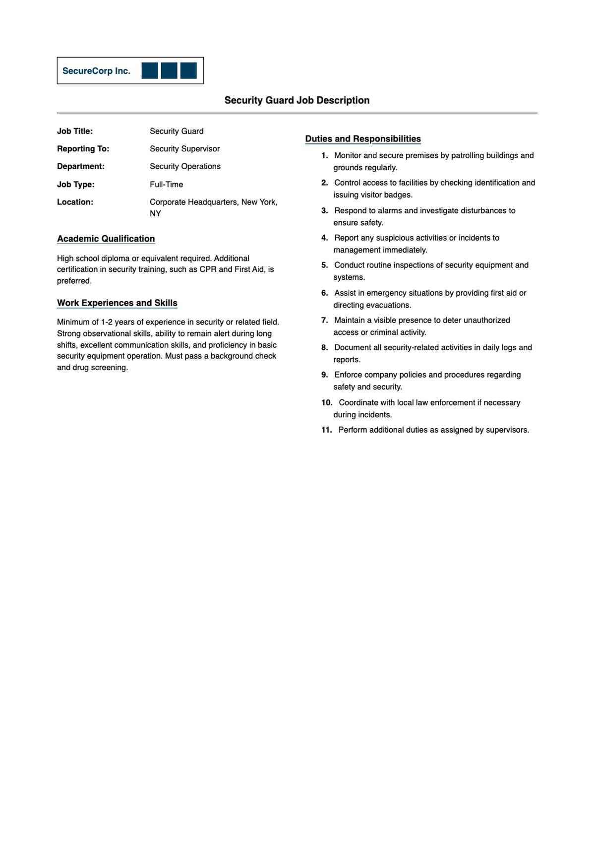 Security Guard Job Description Document for ABCD Company Limited with Duties Responsibilities and_variant_3